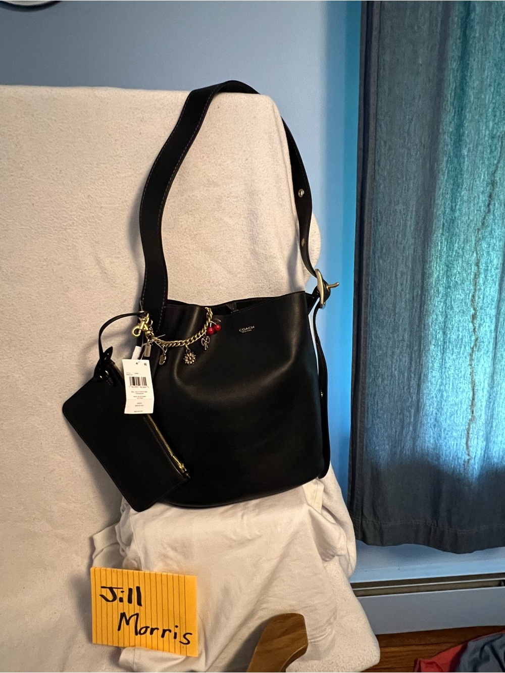 NWT Coach Black Leather Bleeker Bucket Bag with zip pouch. CCC23